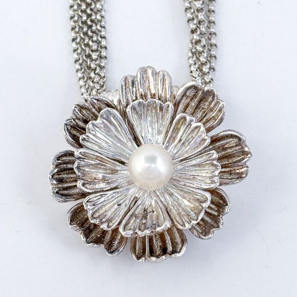 Vintage Esposito ESPO SIG Sterling Silver 925 Pearl Bib Floral Necklace 17" - Picture 3 of 7